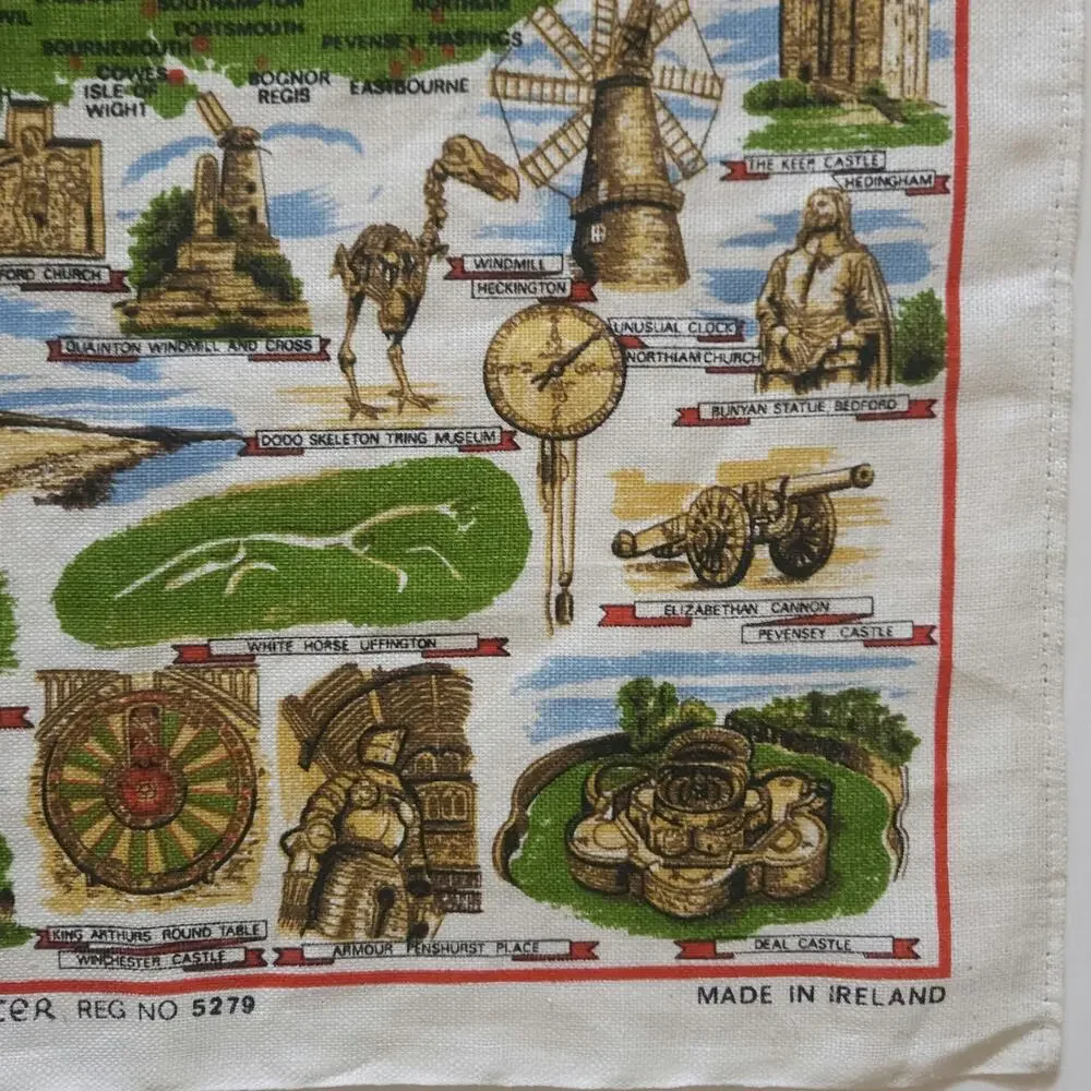Vtg Irish Linen Kitchen Dish Tea Towel Britain Souvenir Map Wall Art Repurpose